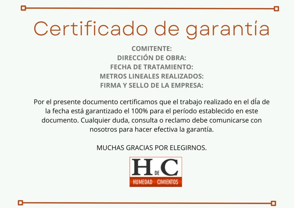 Certificado de Garant&iacute;a Humedad Cimientos